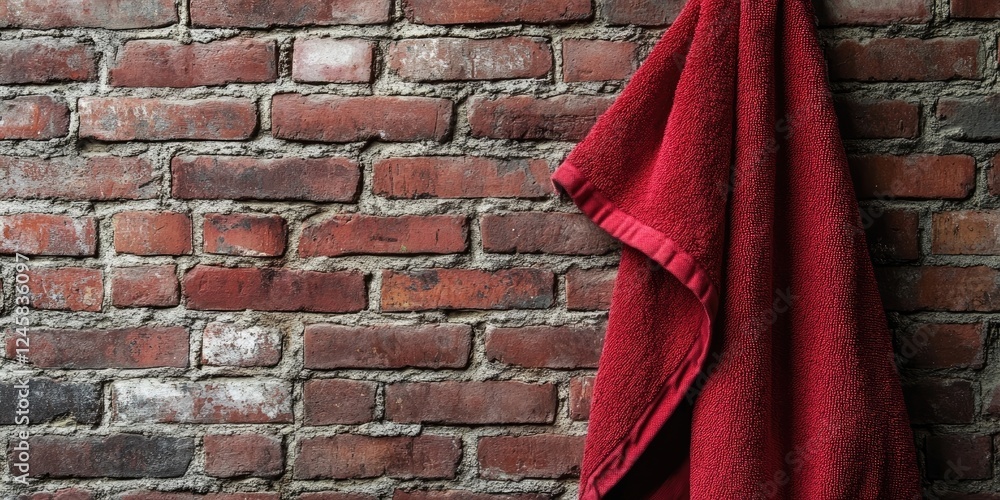 Poster red towel hanging on a rustic brick wall with warm tones creating a vibrant contrast highlighting te