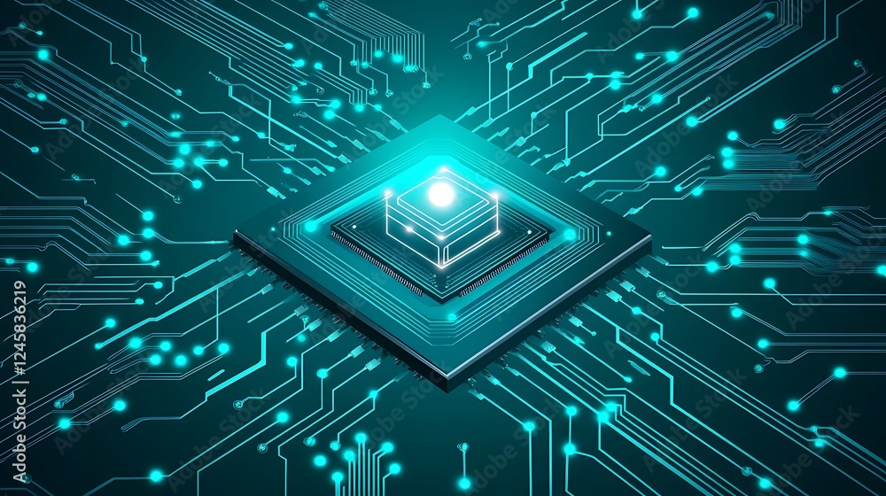 Poster an abstract circuit board vector design with interconnected pathways in shades of teal and silver, l