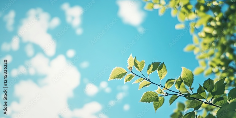 Poster vibrant clear blue sky with scattered white clouds above softly blurred green leaves on branches in 