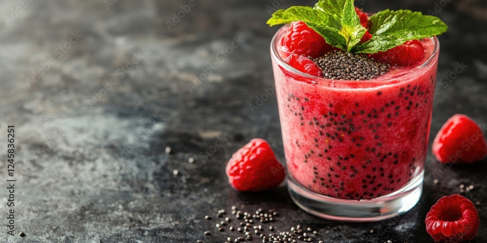 Poster raspberry chia seed cocktail dessert in a clear glass with mint leaves on top placed on a dark textu