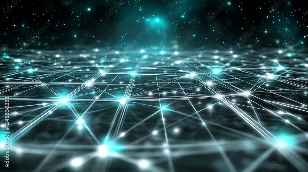 Poster an abstract and modern 2d circuit illustration with interconnected light paths in silver and teal, r
