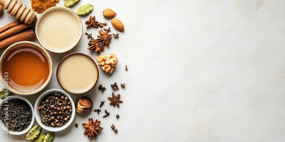 Aufkleber spices and condiments arranged on a light background featuring brown bowls with various powders and 