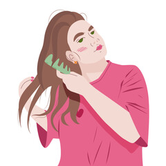 Young woman doing hair brushing. Self-care woman with beauty everyday routines. Wellness lifestyle branding. Minimalistic vector illustration in flat modern style. Isolated
