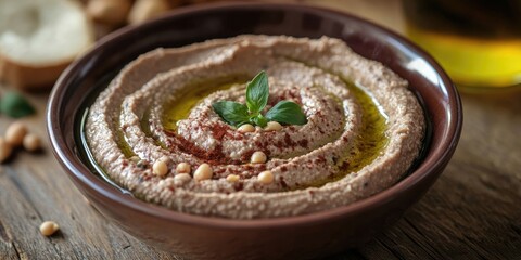 Creamy black chickpea hummus topped with olive oil and pine nuts in a brown bowl garnished with fresh basil on a rustic wooden table.