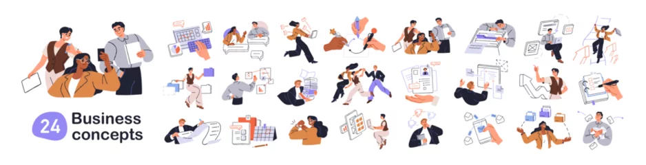 Business concepts set. Office work, professional icons. Communication, job success, developing strategy, management, planning, corporate team. Flat vector illustration isolated on white background