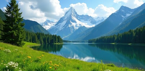 Snow-covered peaks and tranquil lake in the midst of a green meadow, natural scenery, forested hills, mountain vistas