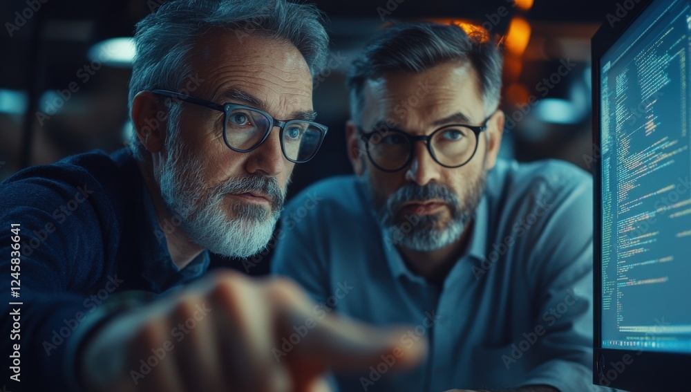 Poster two experienced male programmers collaborate and analyze code on a computer screen in a modern offic
