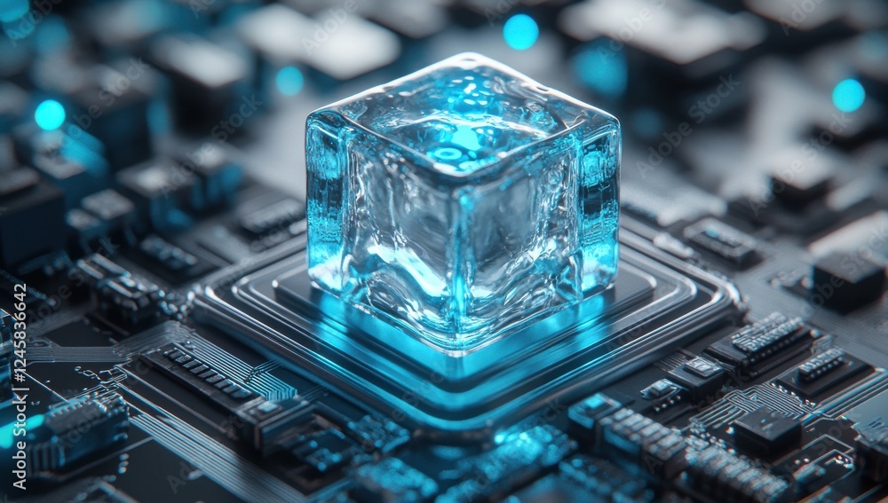 Aufkleber transparent ice cube resting on a microchip circuit board with blue led lights and intricate electro