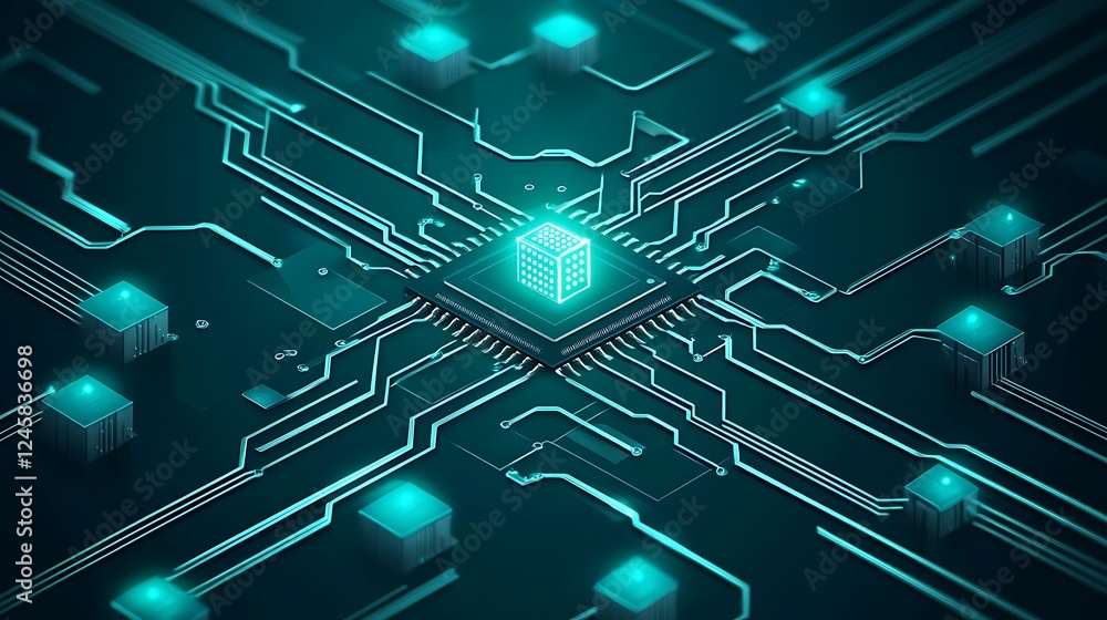 Aufkleber an abstract circuit board vector design with interconnected pathways in shades of teal and silver, l