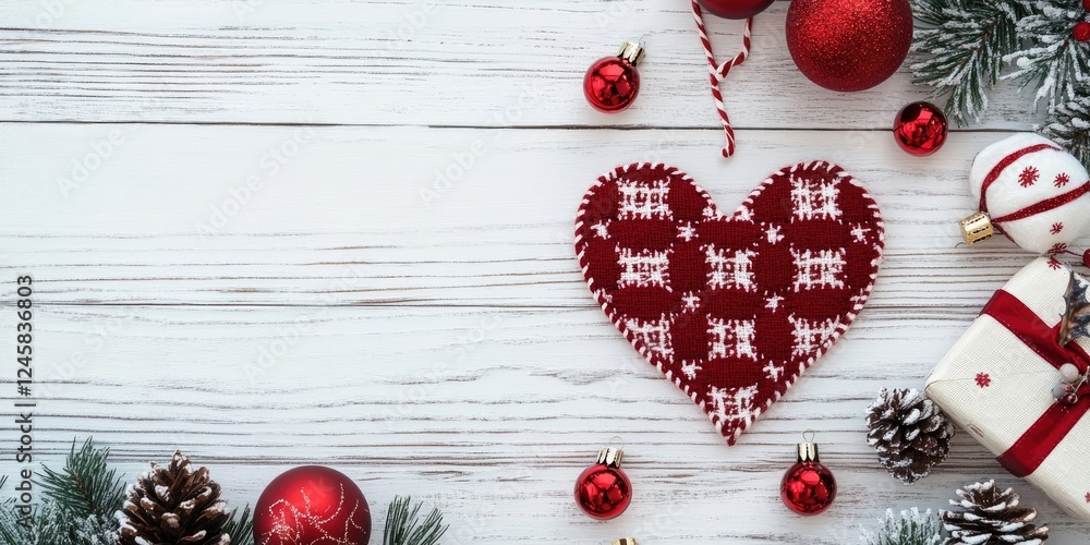 Poster red knitted heart with white snowflake patterns centered, surrounded by red ornaments, pine cones, a