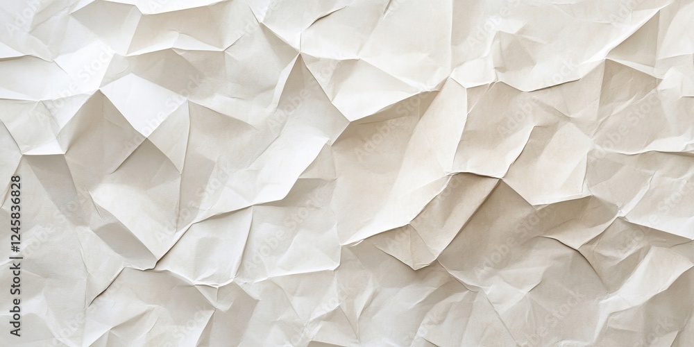 Poster crumpled white paper texture showcasing varying shades of cream and soft gray with intricate folds a