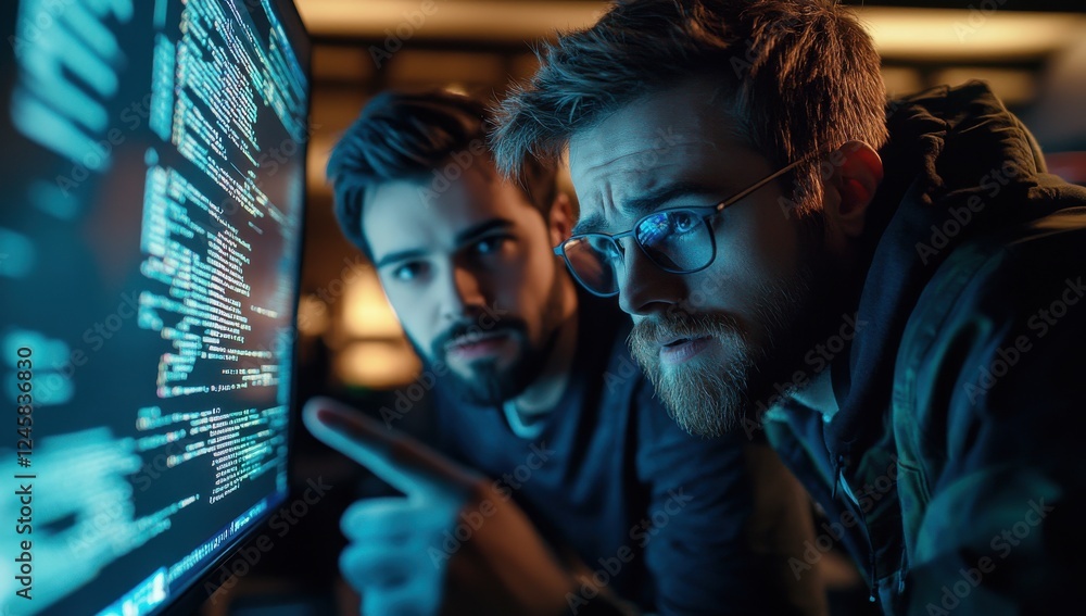 Aufkleber two focused male programmers collaborating on code in a modern office environment, illuminated by co
