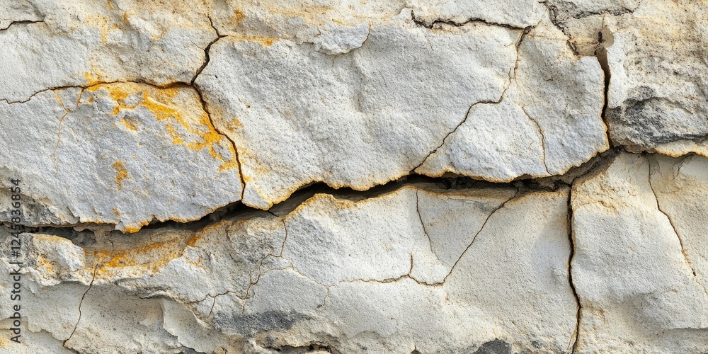 Poster Textured gray and beige cracked stone wall with visible orange streaks and deep crevices creating an abstract natural pattern and details in surface.