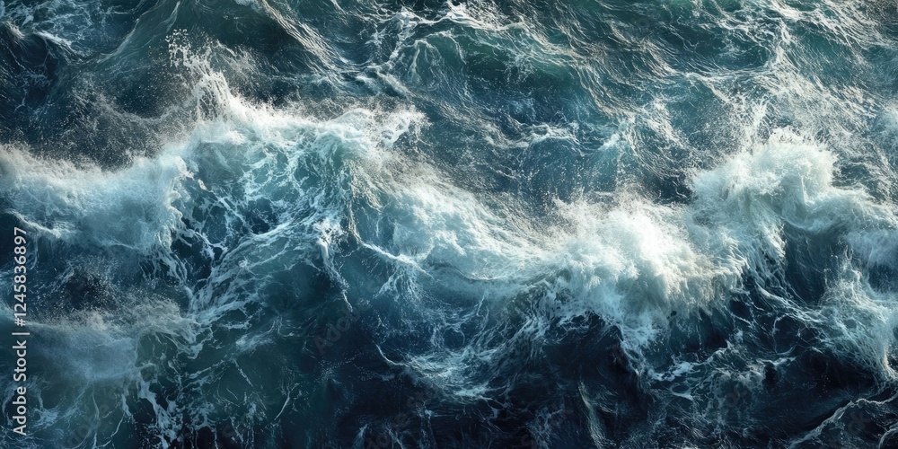 Poster dynamic ocean waves in deep blue and turquoise hues crashing with white foam over dark depths creati