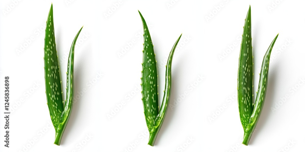 Poster aloe vera leaves arrangement on a white background with varying angles and details showcasing vibran
