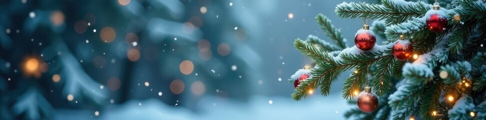 Fototapeta premium Snowfall gently falling on a fir branch decorated with ornaments and garlands, frosty, snow-covered