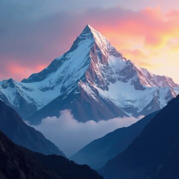 Snow-encrusted peak of Nanga Parbat at dawn with misty atmosphere, peak, dawn, nanga