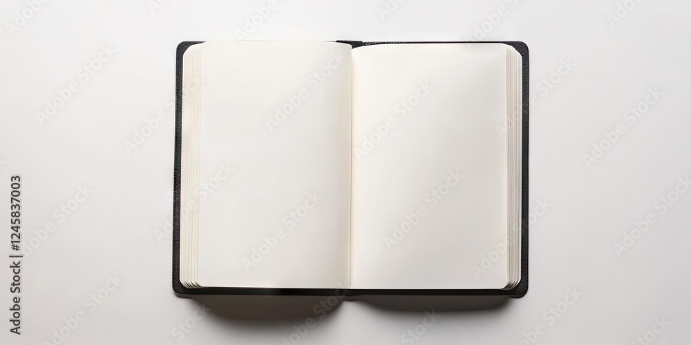 Aufkleber open black notebook on a clean white surface with blank pages positioned centrally highlighting simp