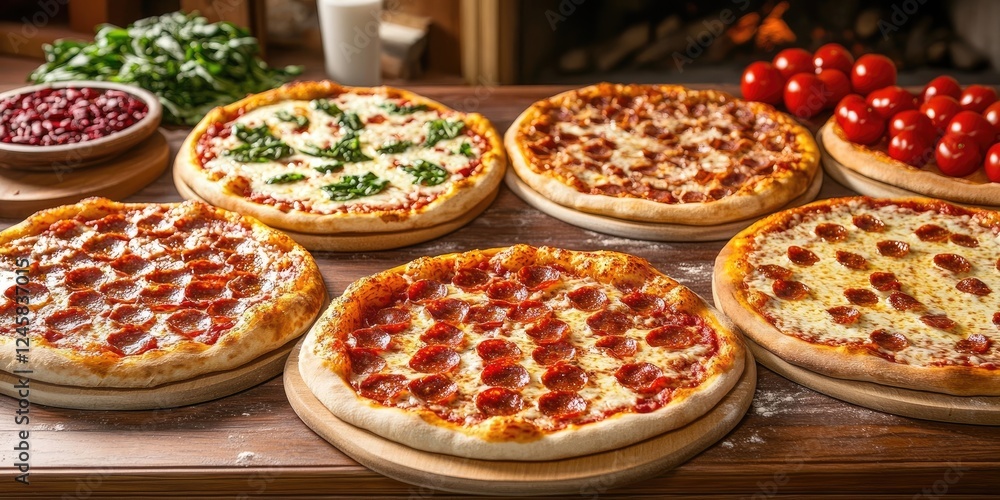 Poster delicious assortment of pizzas on a wooden table with fresh toppings vibrant reds and greens display