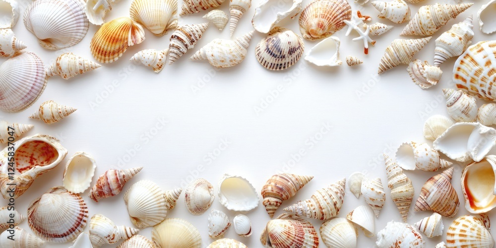 Poster close-up of various seashells arranged in a decorative border on a white background, featuring light