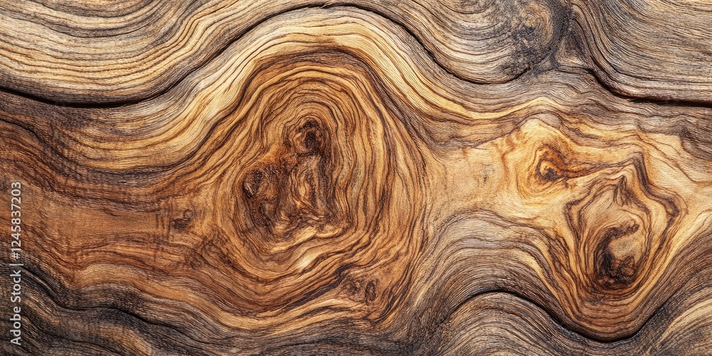 Poster abstract wood texture with rich brown and golden hues, featuring swirling patterns and a prominent k