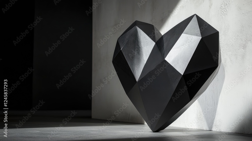 Poster A heart-shaped abstract sculpture with sharp geometric facets, placed in a shadowed setting, creating a minimalist and creative ambiance.