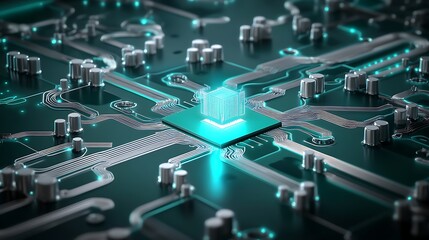 Fototapeta premium An abstract circuit board vector design with interconnected pathways in shades of teal and silver, leading to a central glowing microchip.