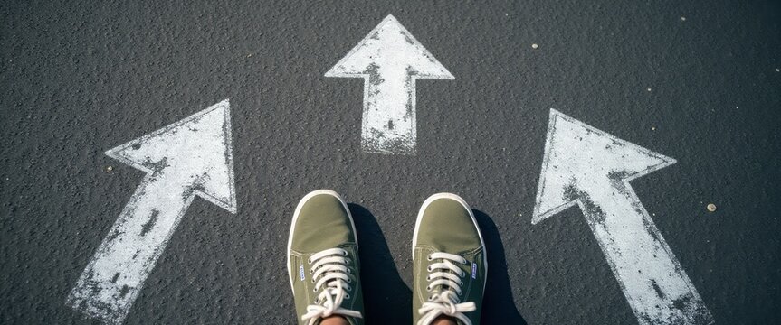 A pair of casual sneakers stands at a crossroads marked by three bold white arrows pointing in different directions on a textured asphalt surface. This image captures the essence of choice and