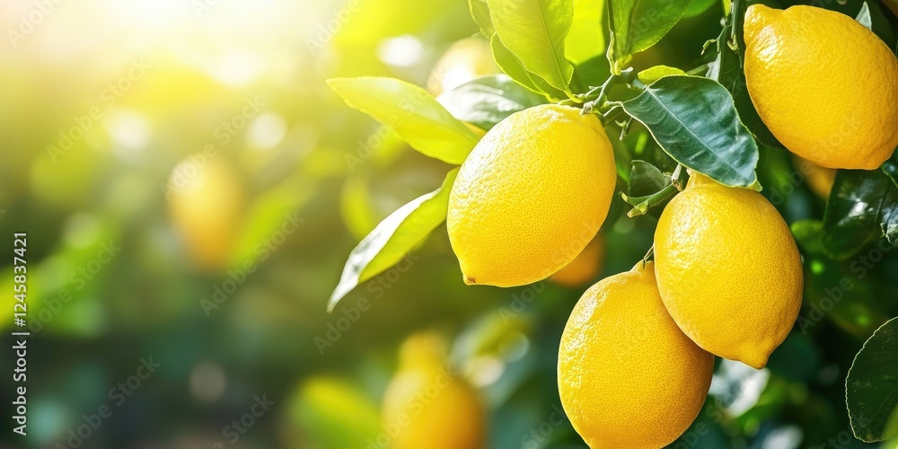 Aufkleber fresh ripe lemons hanging on a green lemon tree with sunlight filtering through leaves in a vibrant 