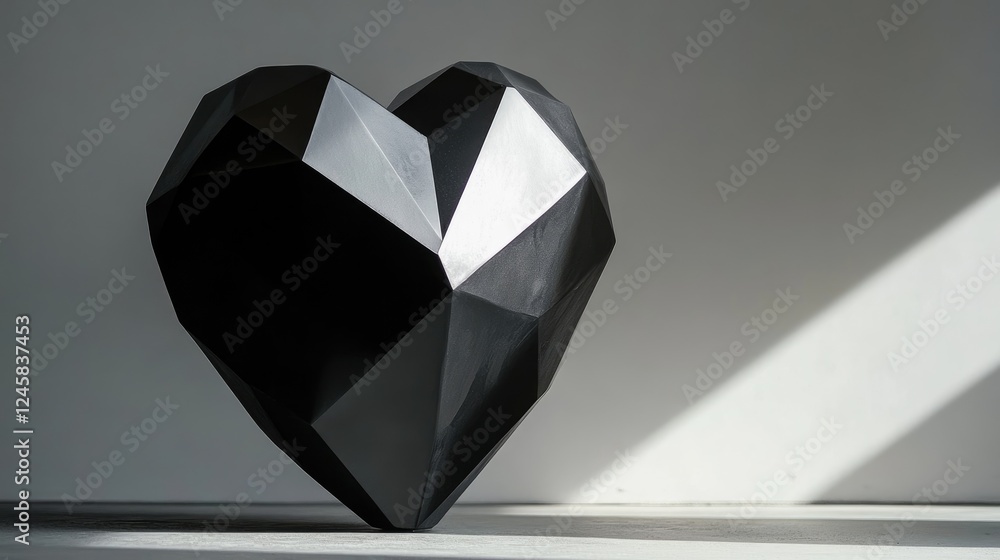 Poster a heart-shaped abstract sculpture with sharp geometric facets, placed in a shadowed setting, creatin