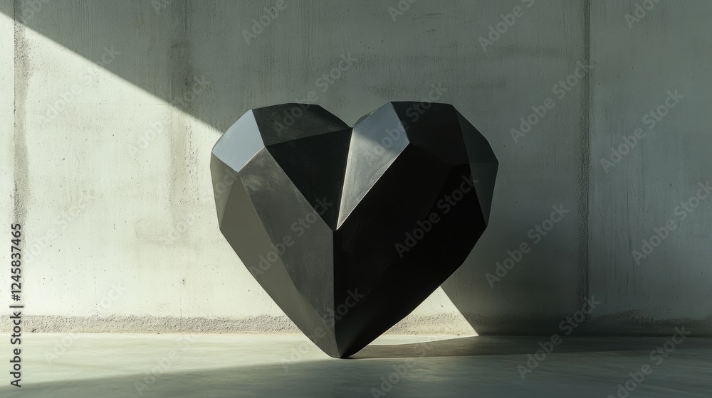 Poster A heart-shaped abstract sculpture with sharp geometric facets, placed in a shadowed setting, creating a minimalist and creative ambiance.