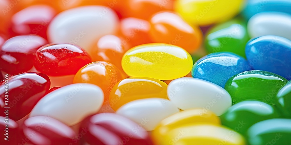 Poster close-up of vibrant jelly beans in red orange yellow green blue and white arranged in a colorful mix