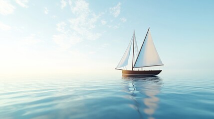 Fototapeta premium A solitary sailboat on a calm sea during a clear day, with expansive water and sky creating space around it