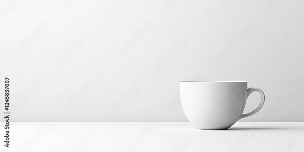 Poster minimalistic white coffee cup positioned on a simple white table against a clean white background cr