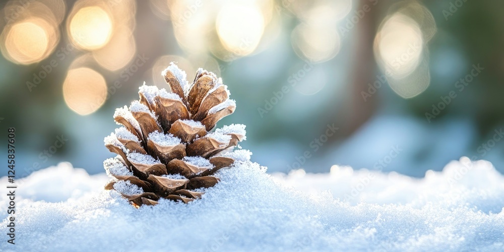 Aufkleber Pine cone dusted with snow resting on soft snow in a serene winter setting with blurred golden light in the background creating a festive mood