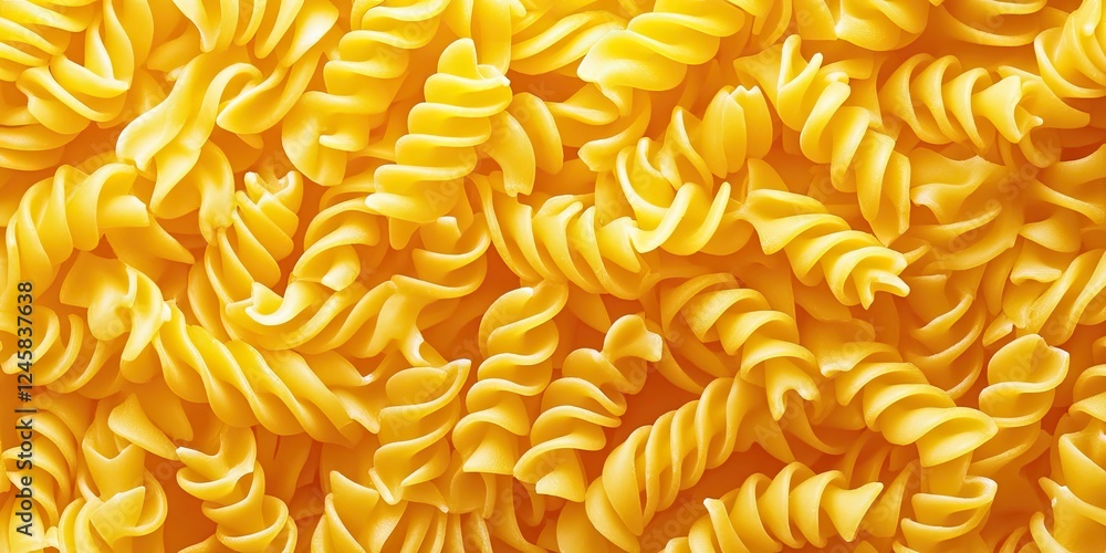 Poster spiral-shaped uncooked macaroni pasta in vibrant yellow color arranged uniformly for a background te