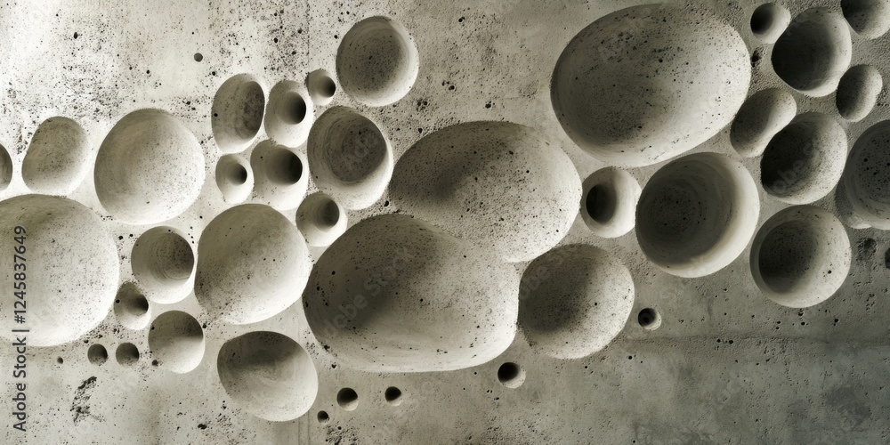 Fototapete abstract arrangement of textured gray spheres and ellipsoids on a neutral wall, showcasing various s