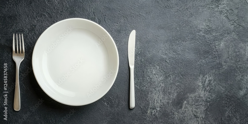 Aufkleber Empty white dish positioned centrally on a dark textured table with a fork on the left and a knife on the right ideal for culinary presentation