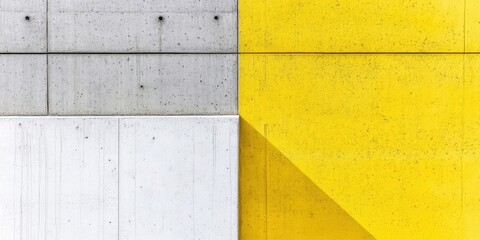 Abstract geometric composition featuring a mix of grey and white concrete textures with a vibrant yellow section on the right creating dynamic contrast.