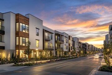 Modern apartments sunset street dusk suburban development