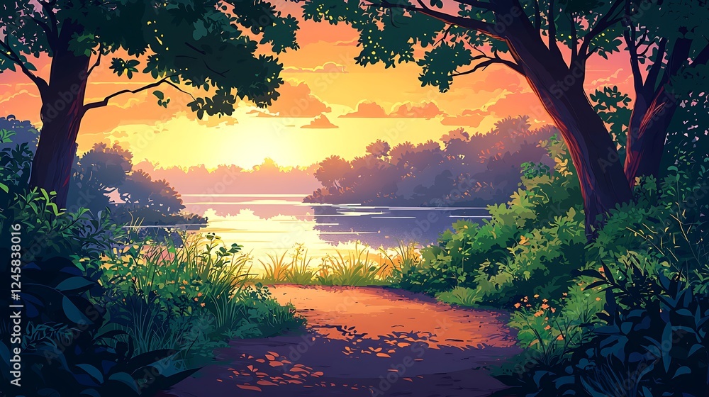 Poster Serene Sunset by the River A Peaceful Lakeside Path.