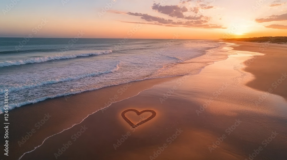 Poster A heart-shaped design carved into the sand on a beach during sunset, with calm waves lapping at the shore and soft clouds in the sky, creating a peaceful atmosphere.