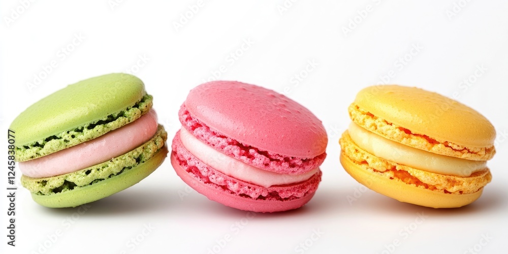 Poster Vibrant macaroons in green pink and yellow arranged in a line on a white background creating a fresh and appetizing visual with copy space