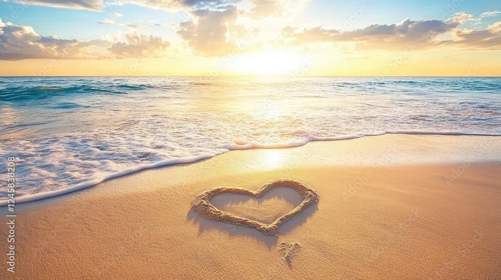 Poster A heart-shaped design carved into the sand on a beach during sunset, with calm waves lapping at the shore and soft clouds in the sky, creating a peaceful atmosphere.