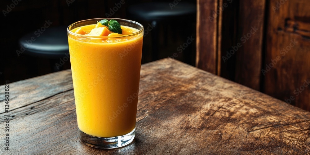 Poster refreshing mango smoothie in a clear glass on a rustic wooden table bright orange hue garnished with