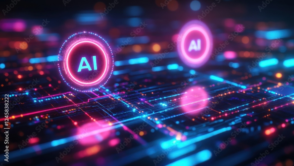Poster vibrant digital abstract concept with ai symbols on network background, emphasizing technology, inno