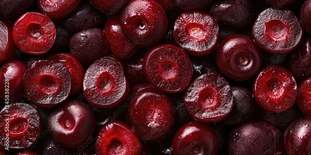 Poster freshly sliced deep red cherries displaying their juicy interiors against a dark background. rich re