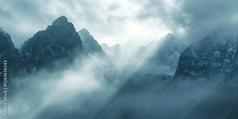 Poster mysterious mountain landscape shrouded in mist with dramatic peaks on the left and right, soft light