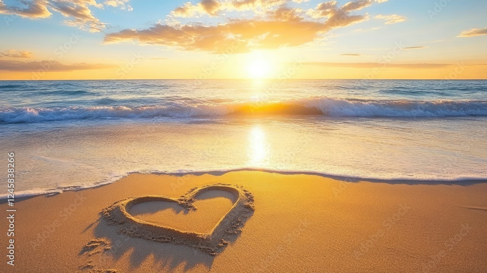 Poster A heart-shaped design carved into the sand on a beach during sunset, with calm waves lapping at the shore and soft clouds in the sky, creating a peaceful atmosphere.