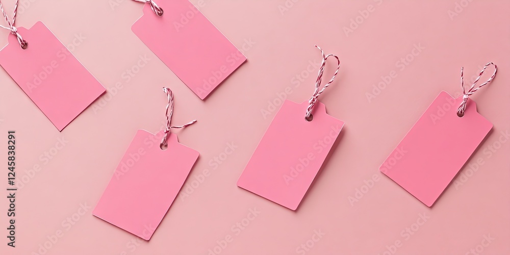 Aufkleber empty pink tags with string, arranged artistically on a soft pink background, viewed from above crea
